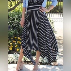 Cabi Asymmetrical Striped Twirl Skirt Navy Blue White Lined Size Medium